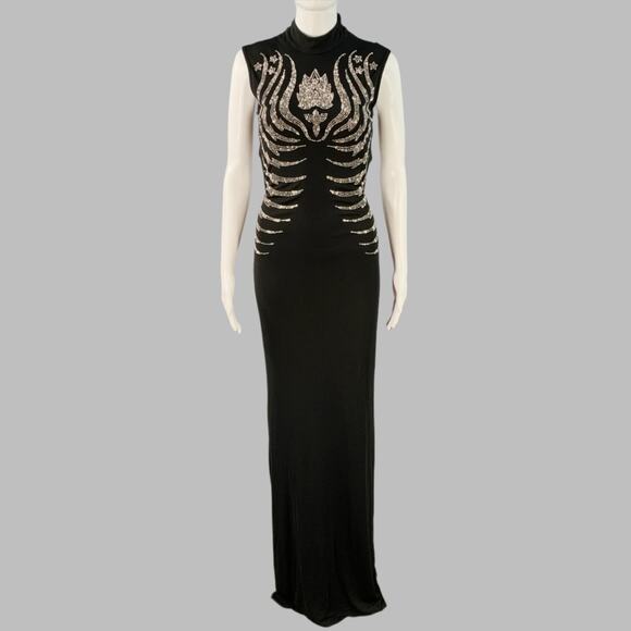 JOHN RICHMOND Size 4 Black Silver Viscose Studded High Neck Evening Gown